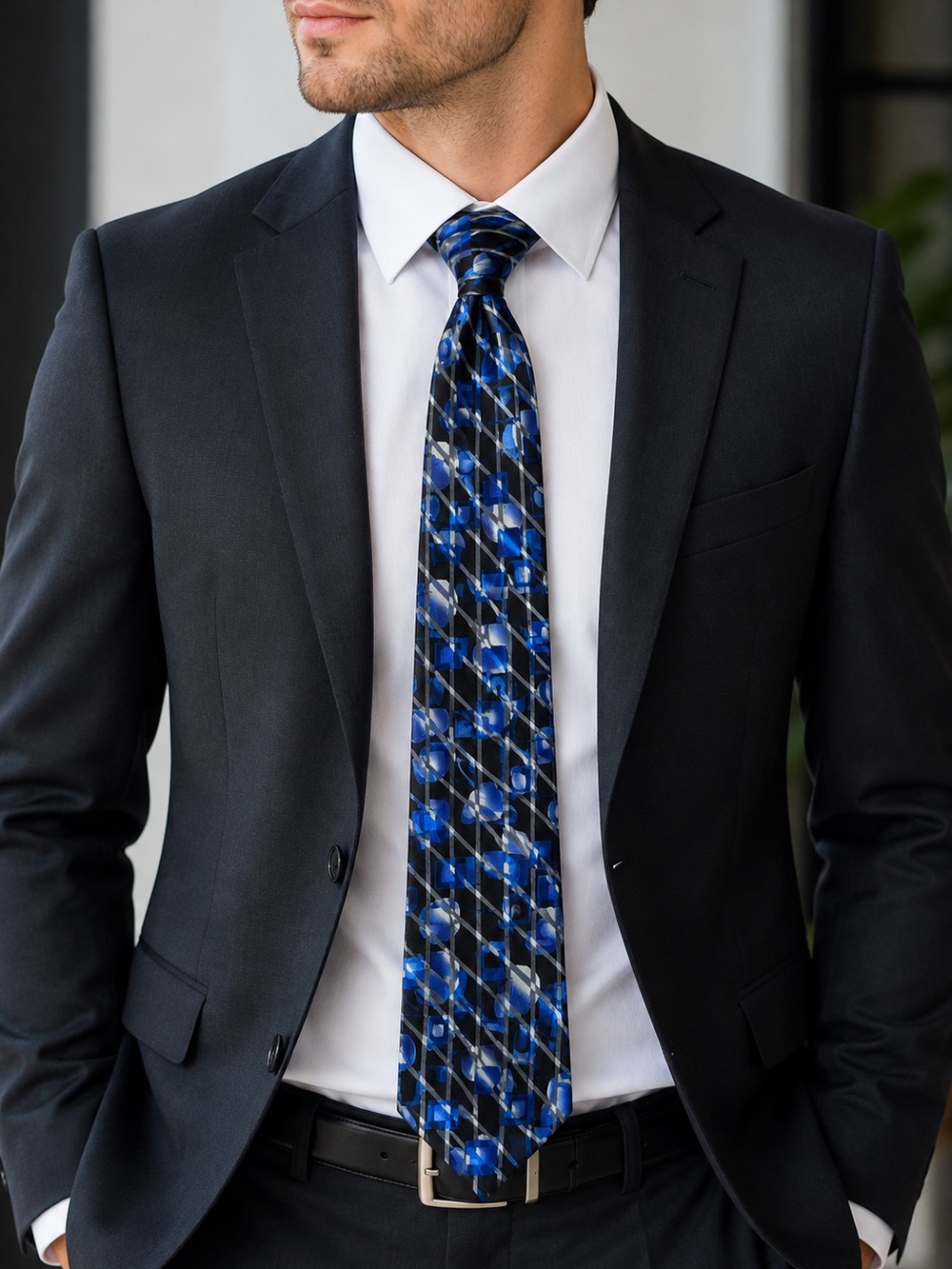 100% Silk Pavone Made In Italy Blue Black Silver Geometric Wide Necktie